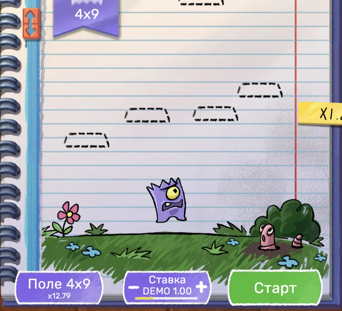 Doodle Jump Crash 4x9 field during active gameplay