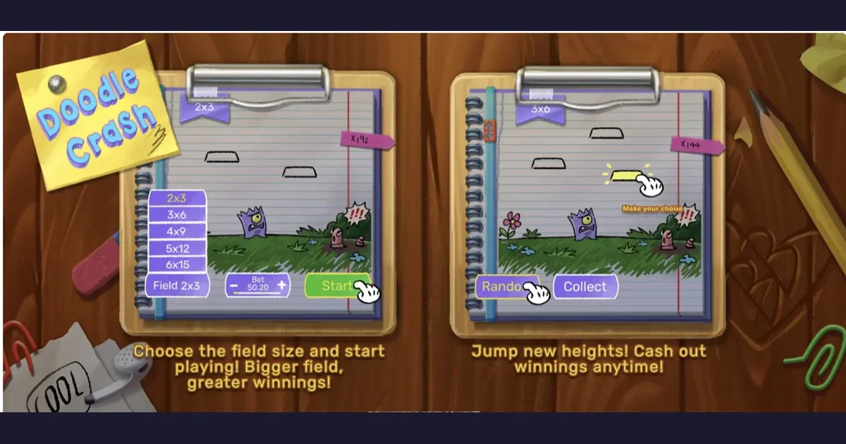 Doodle Jump Crash main gameplay screen with field selection and multiplier display